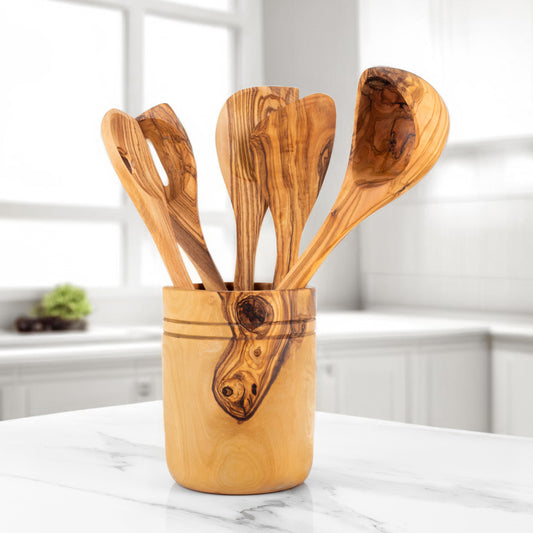 Ensemble de 5 ustensiles de cuisine faits à la main en bois d'olivier avec support en bois
